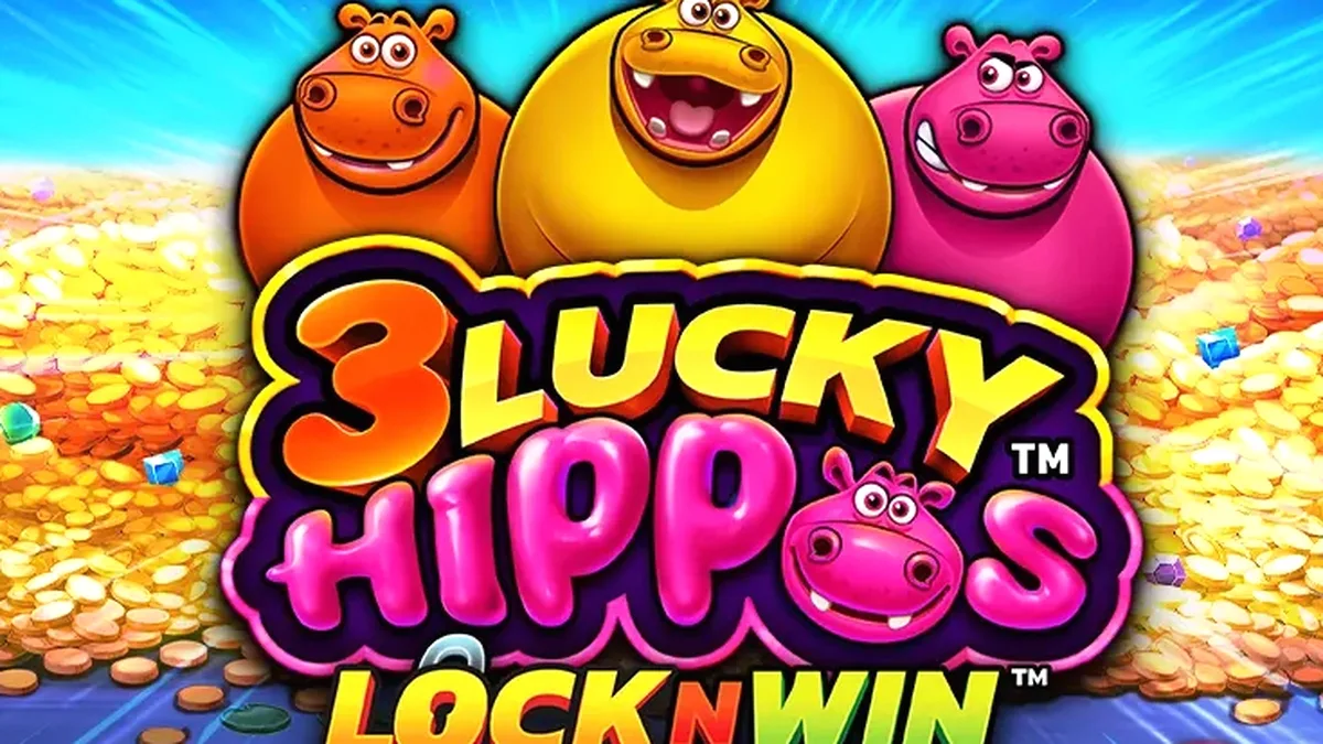 Tatlong masuwerteng hippos na naglalaro sa isang makulay na slot machine, na may mga simbolo ng kayamanan at swerte sa background.