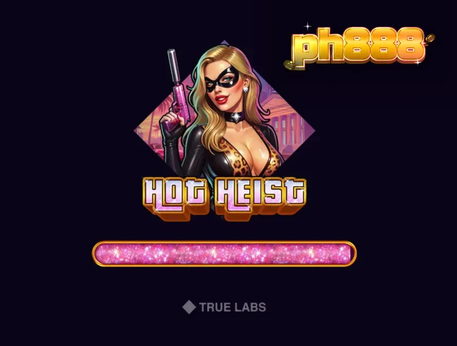 Isang screenshot ng Hot Heist slot game na nagpapakita ng neon-lit na tema ng pagnanakaw na may mga simbolo ng krimen.